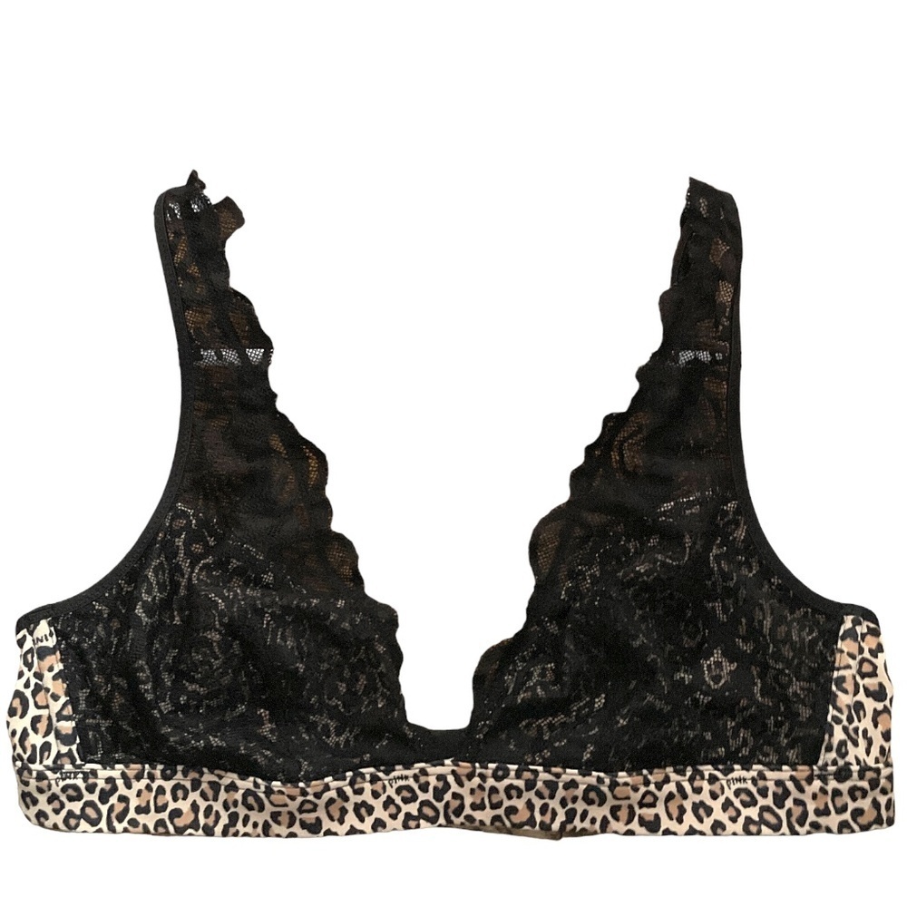 Victoria’s Secret PINK Unlined Plunge Bralette Lace Bra Black Animal Print M - Picture 10 of 10